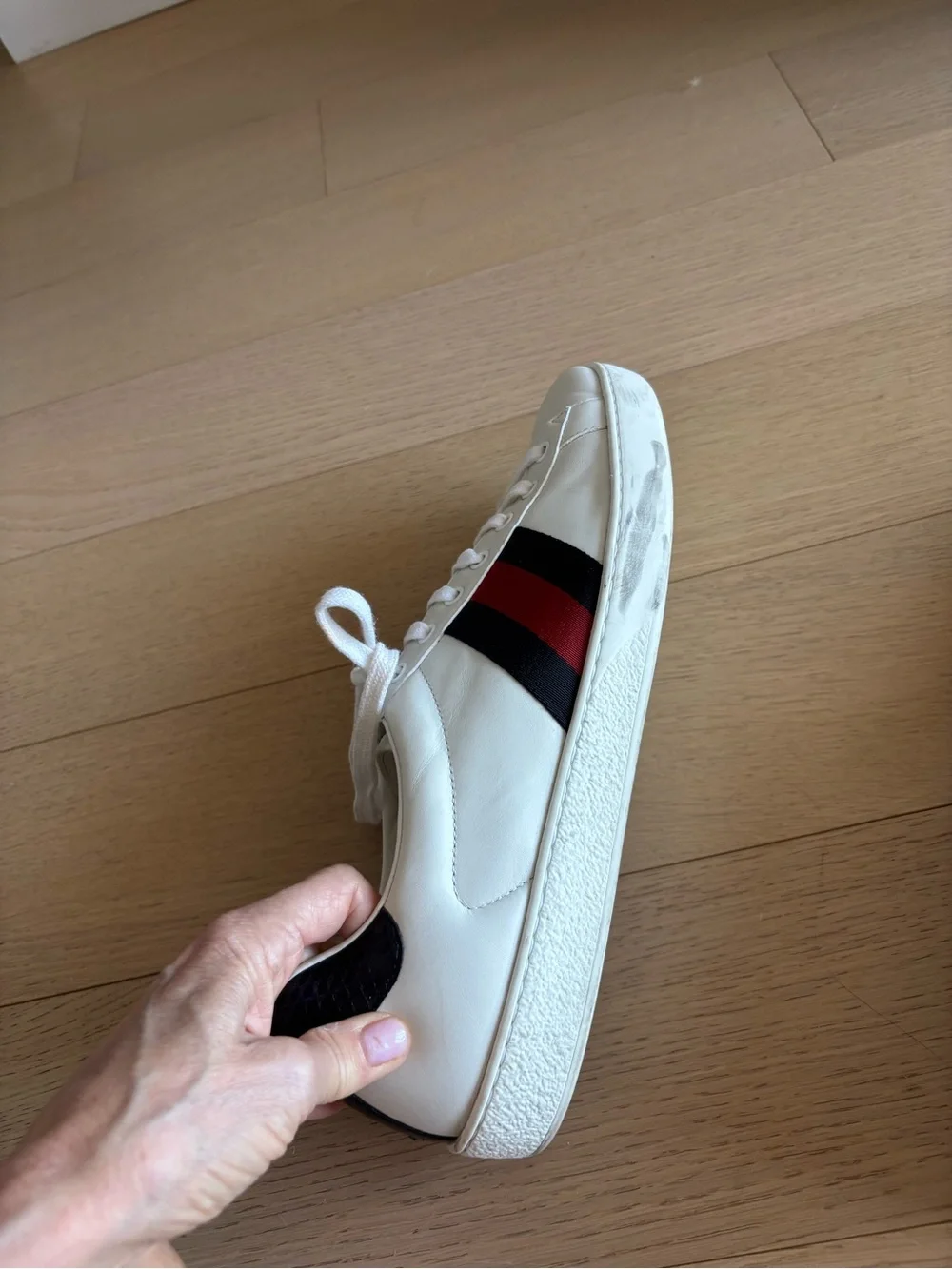 White Leather Lace-Up Sneakers with Red & Navy Stripe